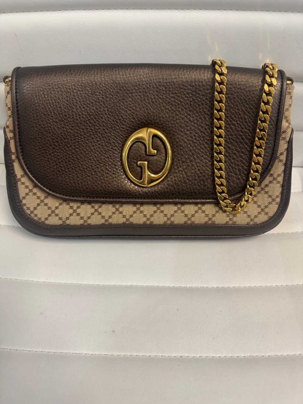 Gucci Brown Leather & Beige GG Canvas Shoulder Bag with Gold Hardware